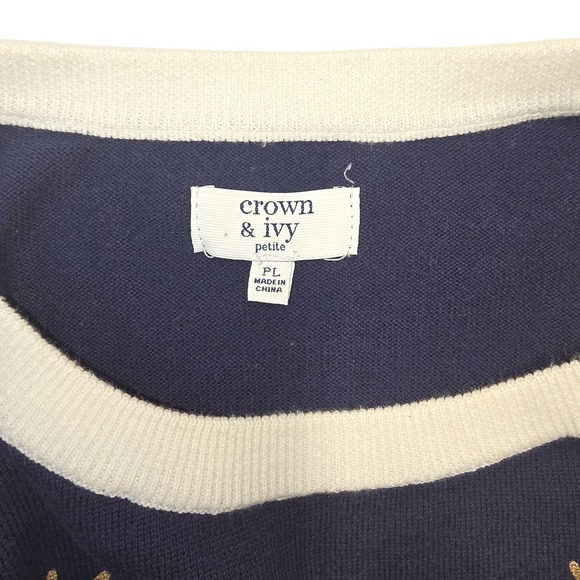 Crown & Ivy Petite Sweater Navy Blue‎ Gold Reindeer Christmas Holiday Striped - Picture 4 of 7